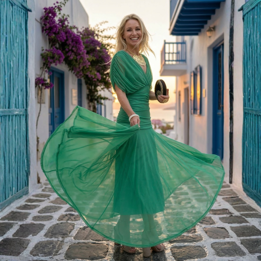 Xenia - Pitkä tyylikäs mekko V-pääntiellä