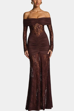 Kamila - Bruma-mekko pitsillä, strapless ja röyhelöillä
